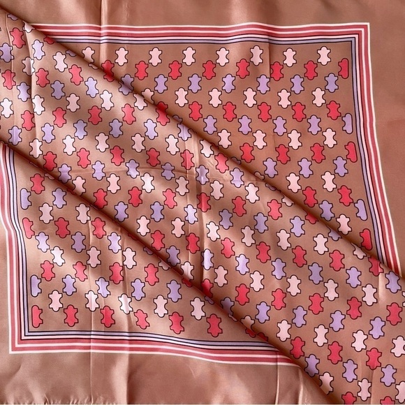 Vintage 70s Scarf Neckerchief 27” Square Puzzle Pieces Pink Lilac Tan - Picture 3 of 12